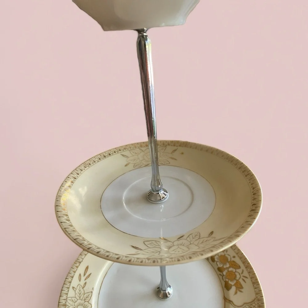 Vintage Chikaramachi Hand-Painted 3-Tier Cake Stand Dessert Tower